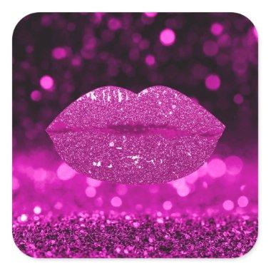 Mermaid Kiss Lips Makeup Artist Berry Pink Glitter Square Sticker