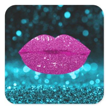 Mermaid Kiss Lips Makeup Artist Berry Teal Glitter Square Sticker
