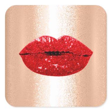 Mermaid Kiss Lips Makeup Artist Red Rose Gold Square Sticker