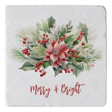 Merry Bright Poinsettia Berries Christmas Holiday Trivet