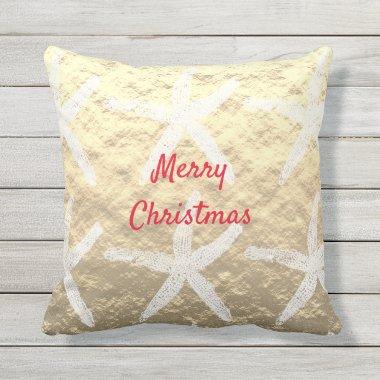 Merry Christmas Starfish Pattern Golden Foil Beach Outdoor Pillow