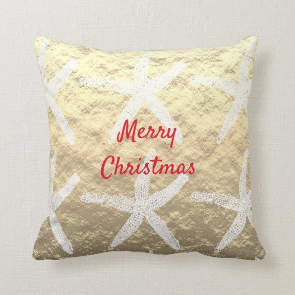 Merry Christmas Starfish Pattern Golden Foil Beach Throw Pillow