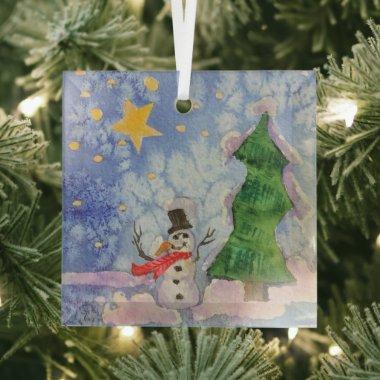Merry Christmas Tree And Frosty Snowman Watercolor Glass Ornament