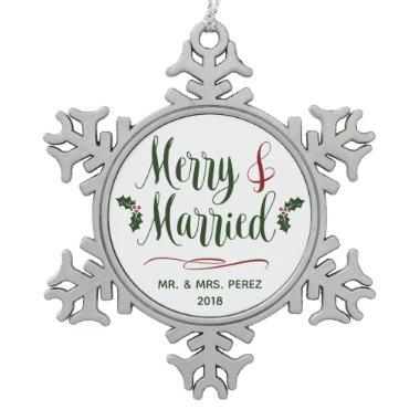 Merry & Married First Christmas Mr & Mrs Keepsake Snowflake Pewter Christmas Ornament