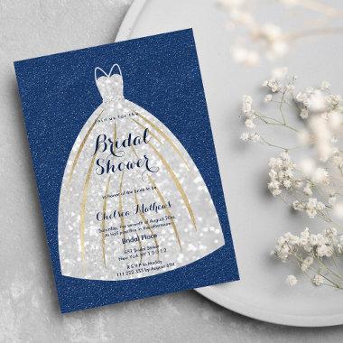 Metallic Blue White Gold Glitter Bridal Shower Invitations