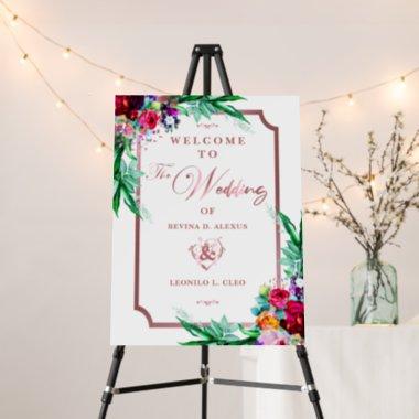 Metallic Coral Pink Floral Wedding Welcome Sign