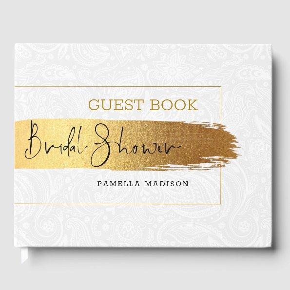 Metallic gold brushstroke modern typography guest book