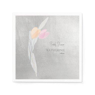 Metallic Silver Watercolor Tulip Cocktail Napkins
