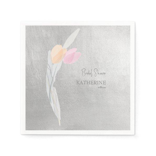 Metallic Silver Watercolor Tulip Cocktail Napkins