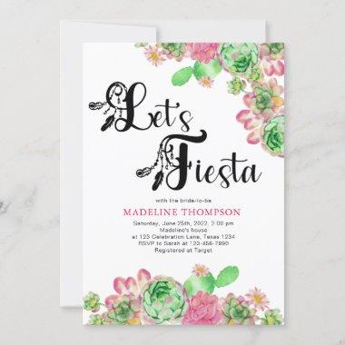 Mexican Let's Fiesta Pink Cactus Bridal Shower Invitations