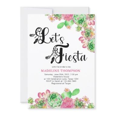 Mexican Let's Fiesta Pink Cactus Bridal Shower Invitations