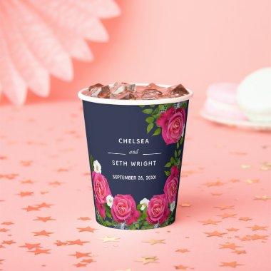 Midnight Blue and Pink Rose Paper Cups