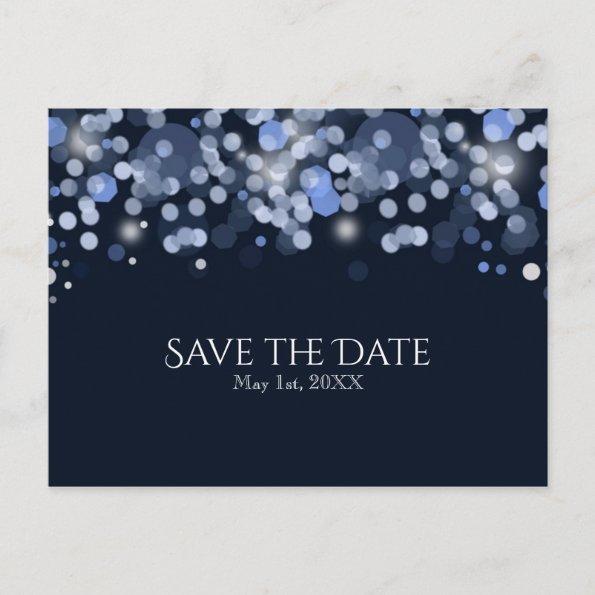 Midnight Blue Bokeh Lights Wedding Save the Date Announcement PostInvitations
