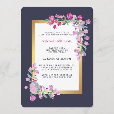 Midnight Blue, Gold and Pink Bougainvillea Flowers Invitations
