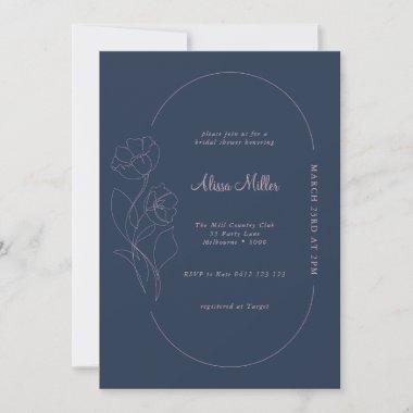 Midnight Blue Minimalist Flower Bridal Shower Invitations