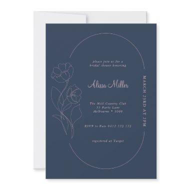 Midnight Blue Minimalist Flower Bridal Shower Invitations