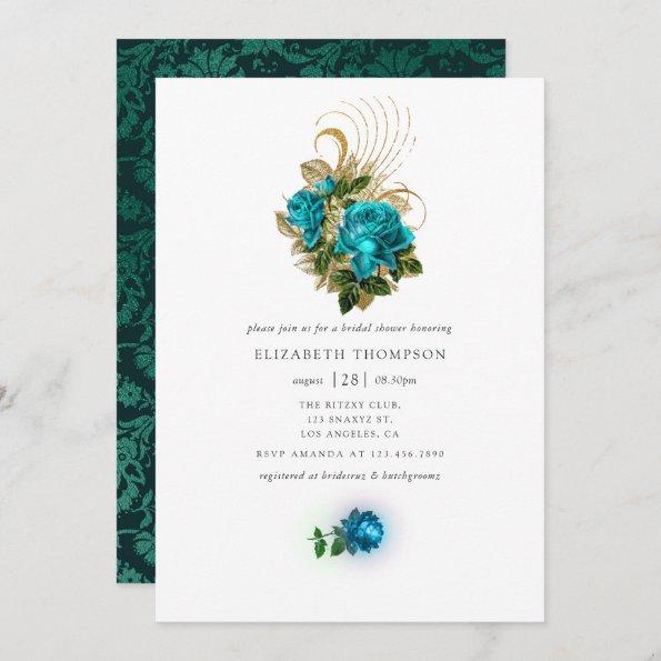 Midnight Fantasy Turquoise and Gold Bridal Shower Invitations