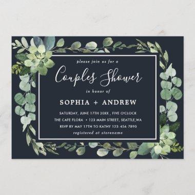 Midnight Navy Blue Succulent Couples Shower Invitations