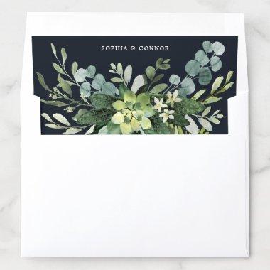 Midnight Navy Blue Succulent Wedding Personalized Envelope Liner