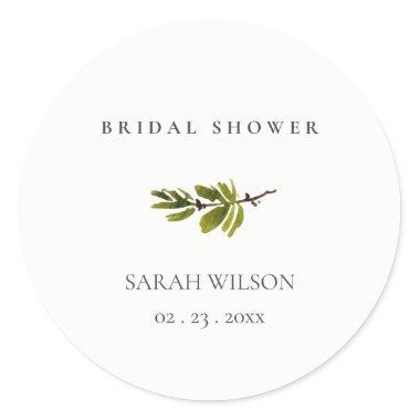 Minimal Black & White Pine Branch Bridal Shower Classic Round Sticker