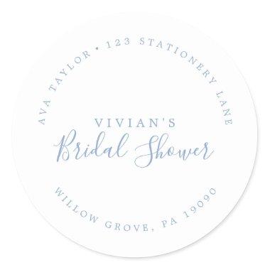 Minimal Blue Bridal Shower Circular Return Address Classic Round Sticker