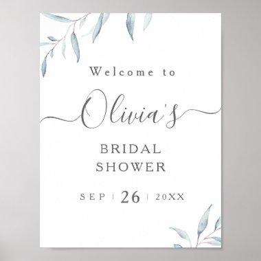 Minimal blue greenery bridal shower welcome sign