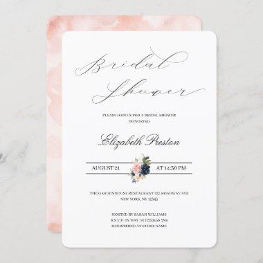 Minimal Blush Pink Navy Floral Bridal Shower Invitations