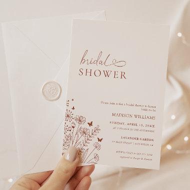 Minimal Boho Terracotta Bridal Shower Wildflower Invitations
