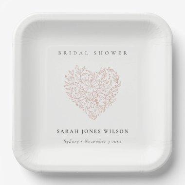 Minimal Dusky Blush Floral Heart Bridal Shower Paper Plates