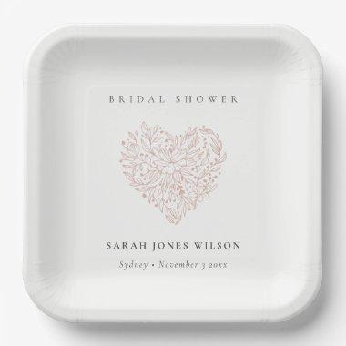Minimal Dusky Blush Floral Heart  Paper Plates