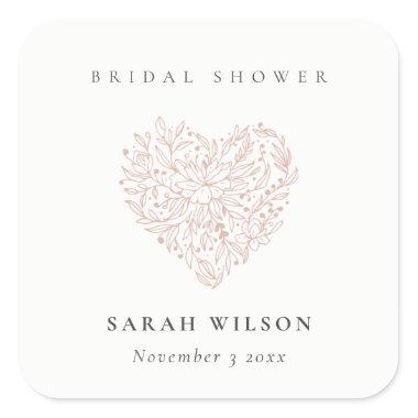 Minimal Dusky Blush Floral Heart Bridal Shower Square Sticker