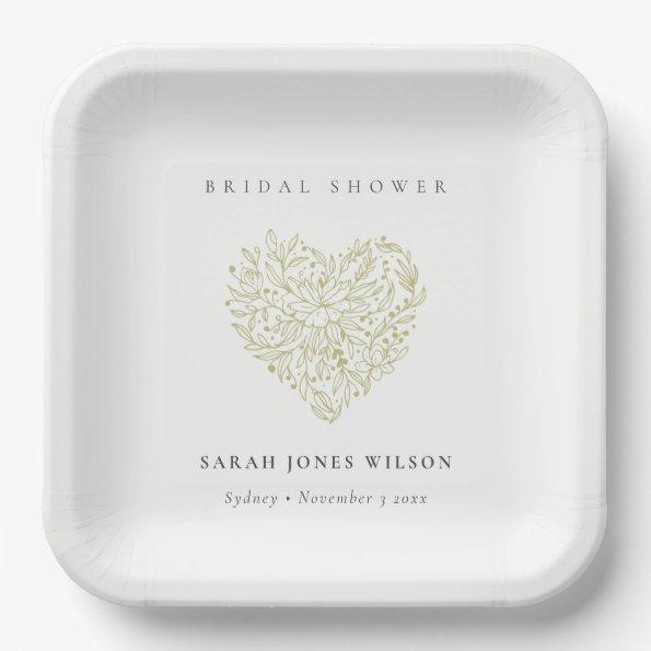 Minimal Dusky Green Floral Heart  Paper Plates