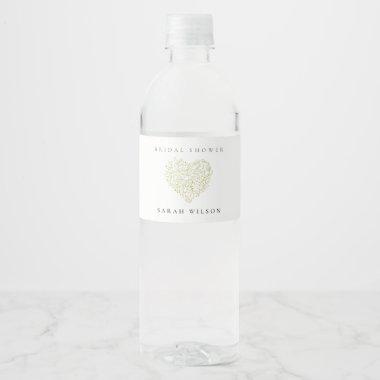 Minimal Dusky Green Floral Heart Bridal Shower Water Bottle Label