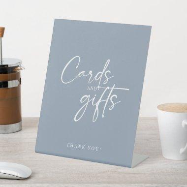 Minimal Dusty Blue Modern Script  and Gifts Pedestal Sign