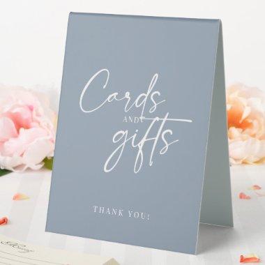 Minimal Dusty Blue Modern Script  and Gifts Table Tent Sign