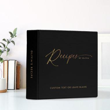Minimal Elegant Black Gold Glitter Recipe Cookbook 3 Ring Binder