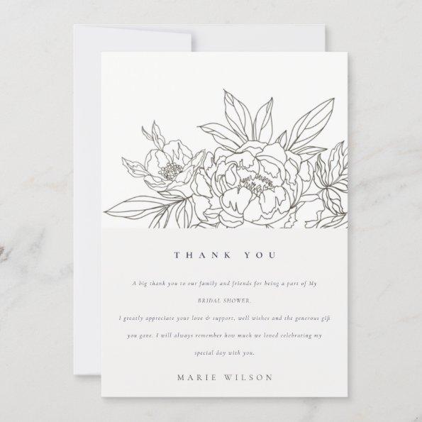 Minimal Elegant Brown Floral Sketch Bridal Shower Thank You Invitations