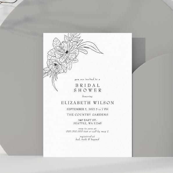 Minimal Elegant Floral Sketch Bridal Shower Invitations