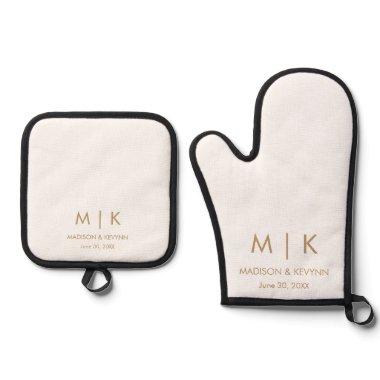 Minimal & Elegant Gold Monogram Wedding Oven Mitt & Pot Holder Set