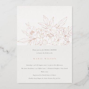 Minimal Elegant Rose Floral Sketch Bridal Shower Foil Invitations