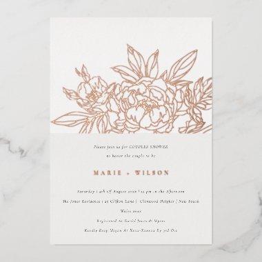 Minimal Elegant Rose Floral Sketch Couples Shower Foil Invitations