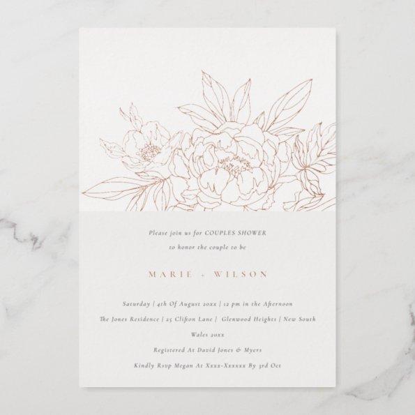 Minimal Elegant Rose Floral Sketch Couples Shower Foil Invitations