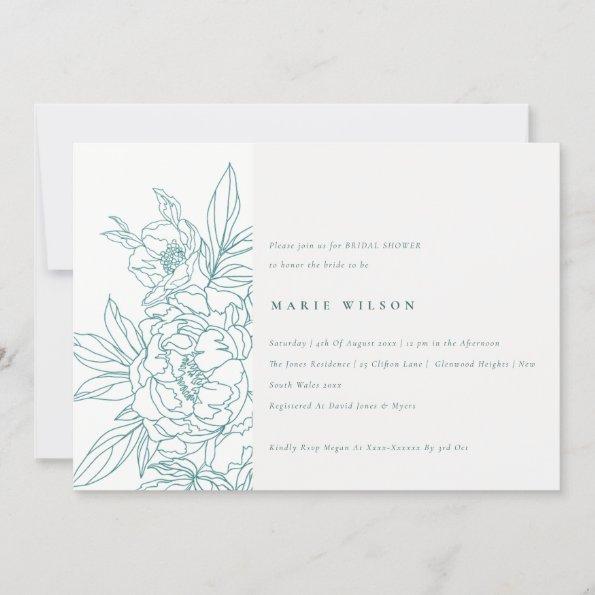 Minimal Elegant Teal Floral Sketch Bridal Shower Invitations