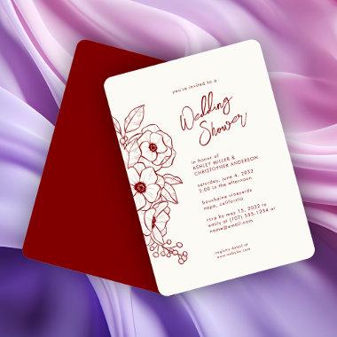 Minimal Floral Botanical Ruby Red Wedding Shower Invitations