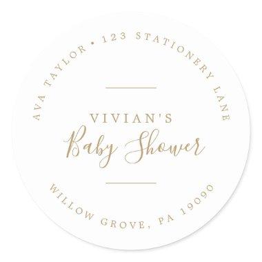 Minimal Gold Baby Shower Circular Return Address Classic Round Sticker