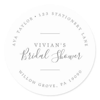 Minimal Gray Bridal Shower Circular Return Address Classic Round Sticker