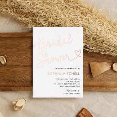 Minimal Heart Script White Bridal Shower Foil Invitations