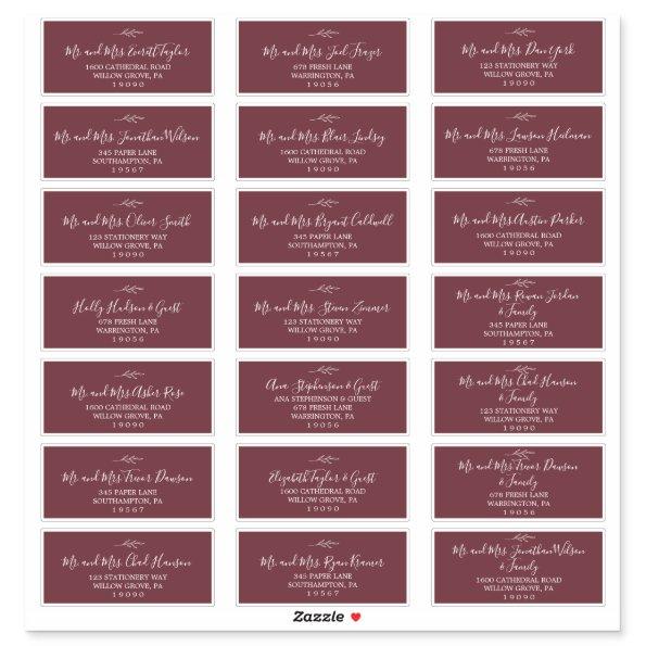 Minimal Leaf Burgundy Wedding Guest Address Labels