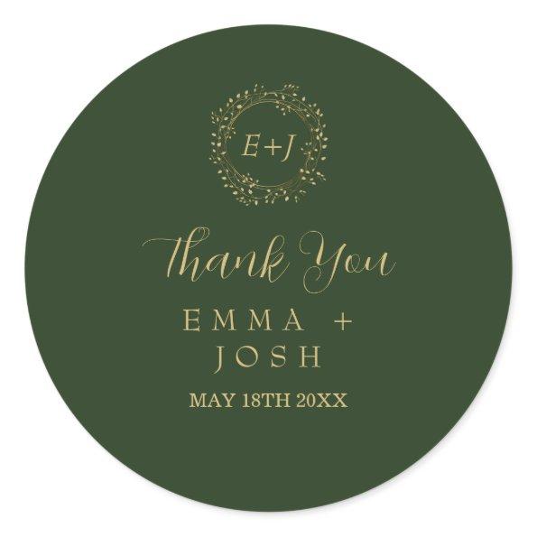 Minimal Leaf | Dark Green Formal Monogram Wedding Classic Round Sticker