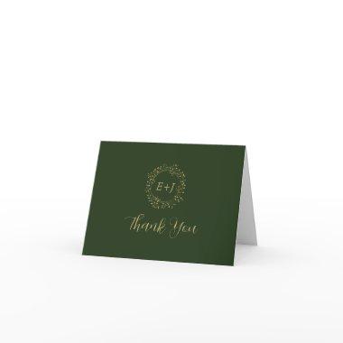 Minimal Leaf | Dark Green Formal Monogram Wedding Thank You
